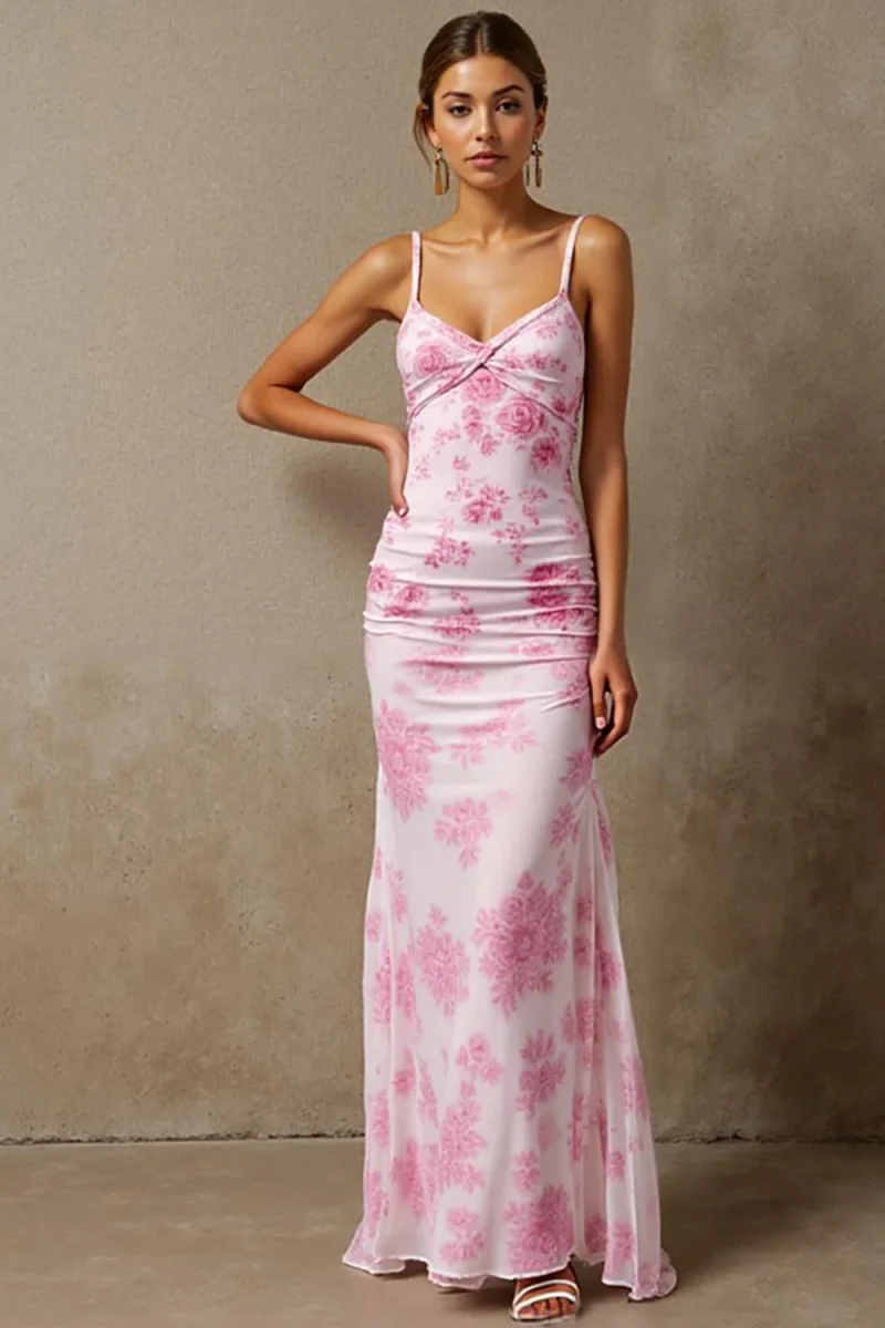 Robe de bal à fourreau floral rose clair