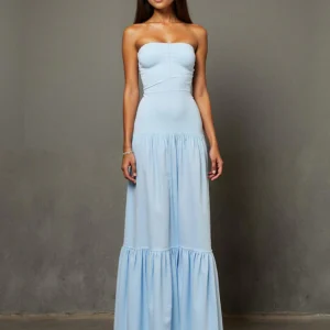 Robe de soirée longue trapèze bleu ciel avec fente