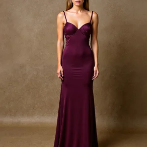 Élégante robe de soirée sirène prune maxi