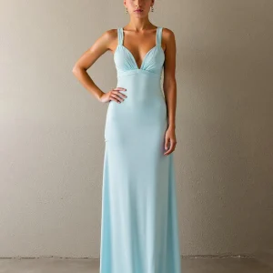 Robe de soirée longue simple bleu ciel fourreau