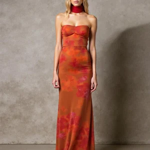 Robe de soirée maxi bustier imprimée gaine Cabernet avec ceinture