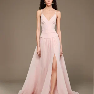 Robe de bal longue rose clair à col en V avec fente
