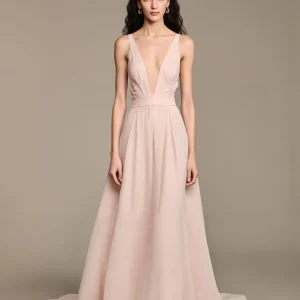 Robe de soirée trapèze rose clair à col en V
