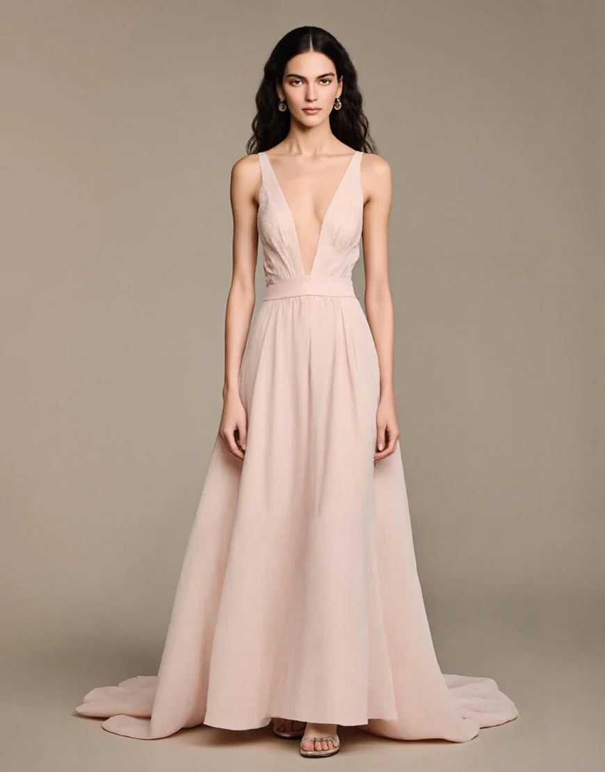 Robe de soirée trapèze rose clair à col en V – Image 2
