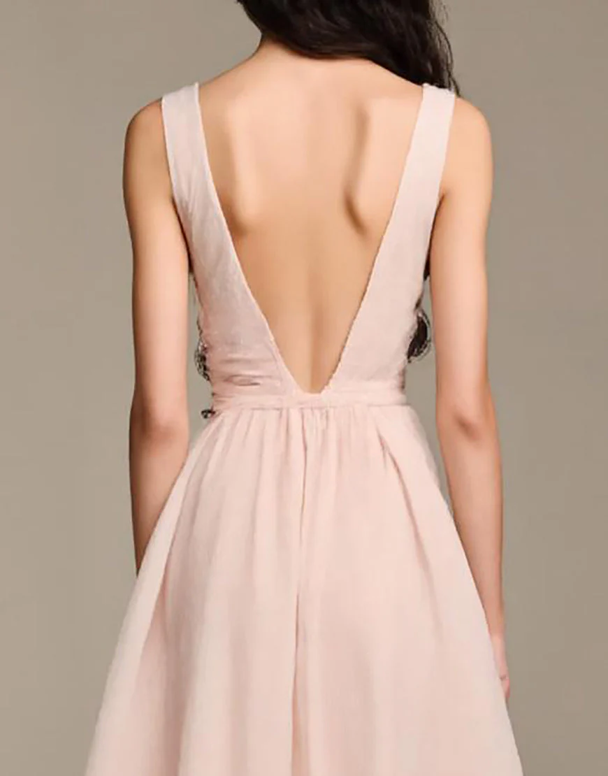 Robe de soirée trapèze rose clair à col en V – Image 5