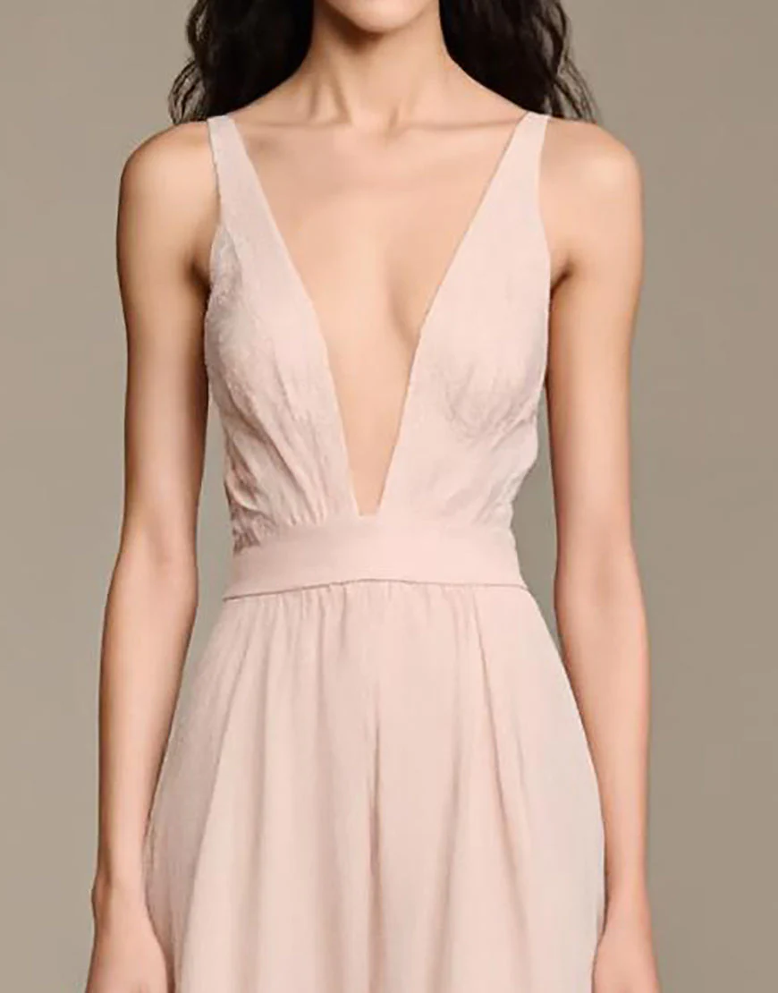 Robe de soirée trapèze rose clair à col en V – Image 4