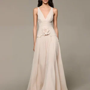 Robe de soirée longue trapèze à col en V abricot avec fleurs 3D