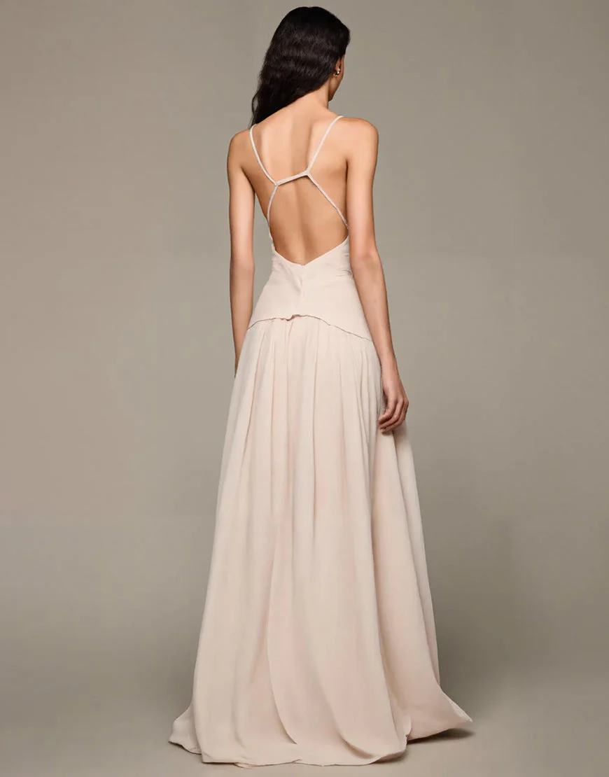 Robe de soirée longue trapèze à col en V abricot avec fleurs 3D – Image 3