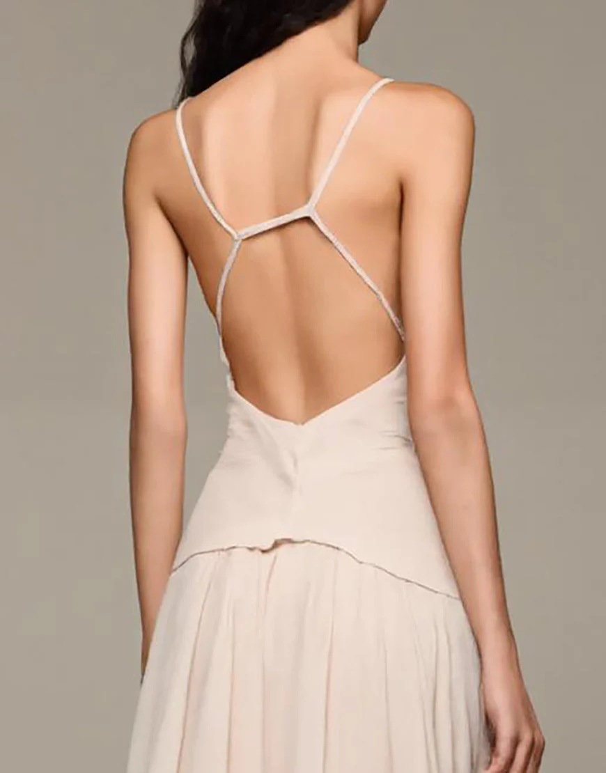 Robe de soirée longue trapèze à col en V abricot avec fleurs 3D – Image 5