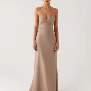 Robe de soirée simple fourreau abricot avec fente