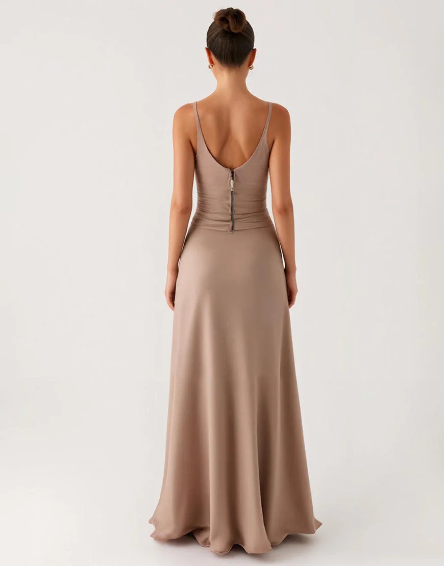 Robe de soirée simple fourreau abricot avec fente – Image 3