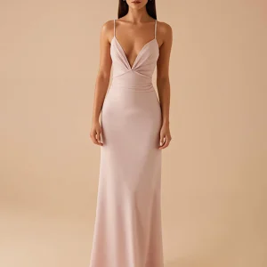 Robe de soirée longue en satin fourreau rose clair