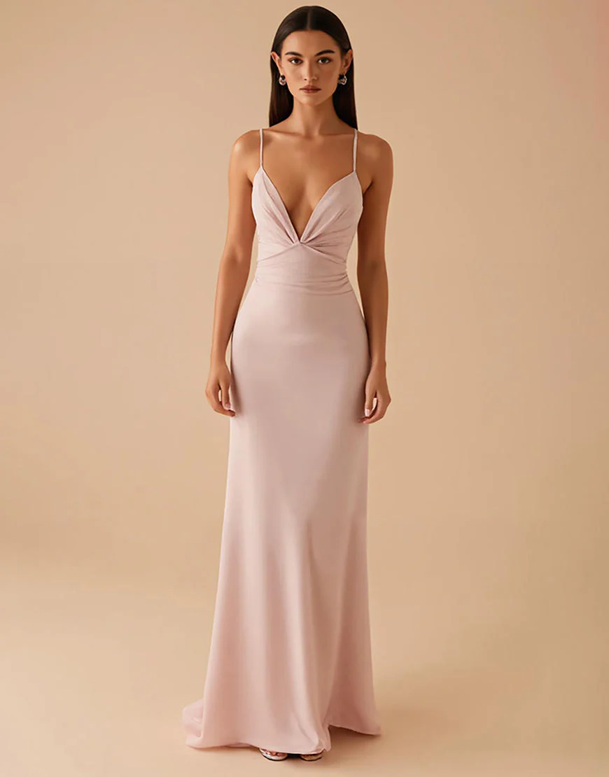 Robe de soirée longue en satin fourreau rose clair – Image 2
