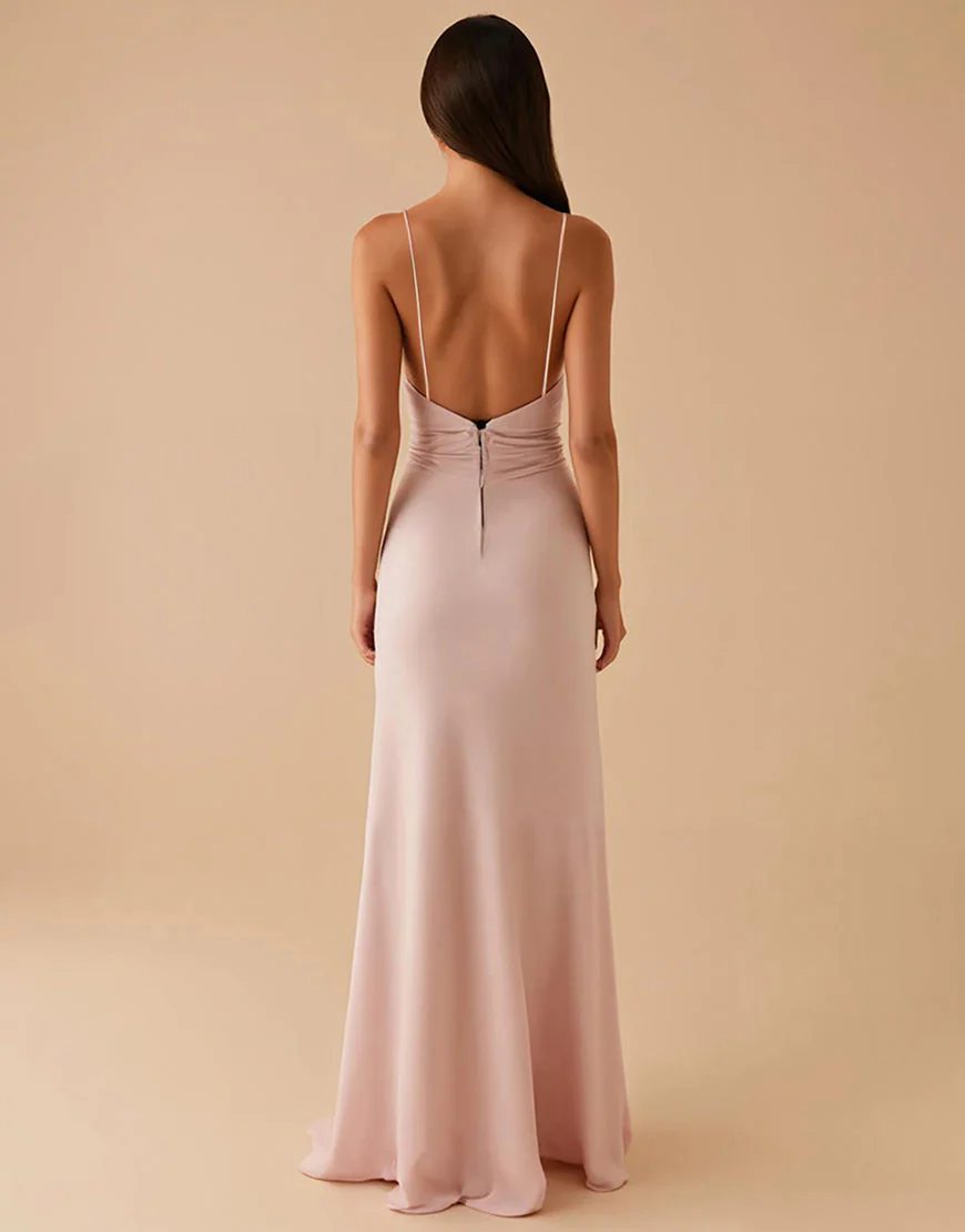 Robe de soirée longue en satin fourreau rose clair – Image 3