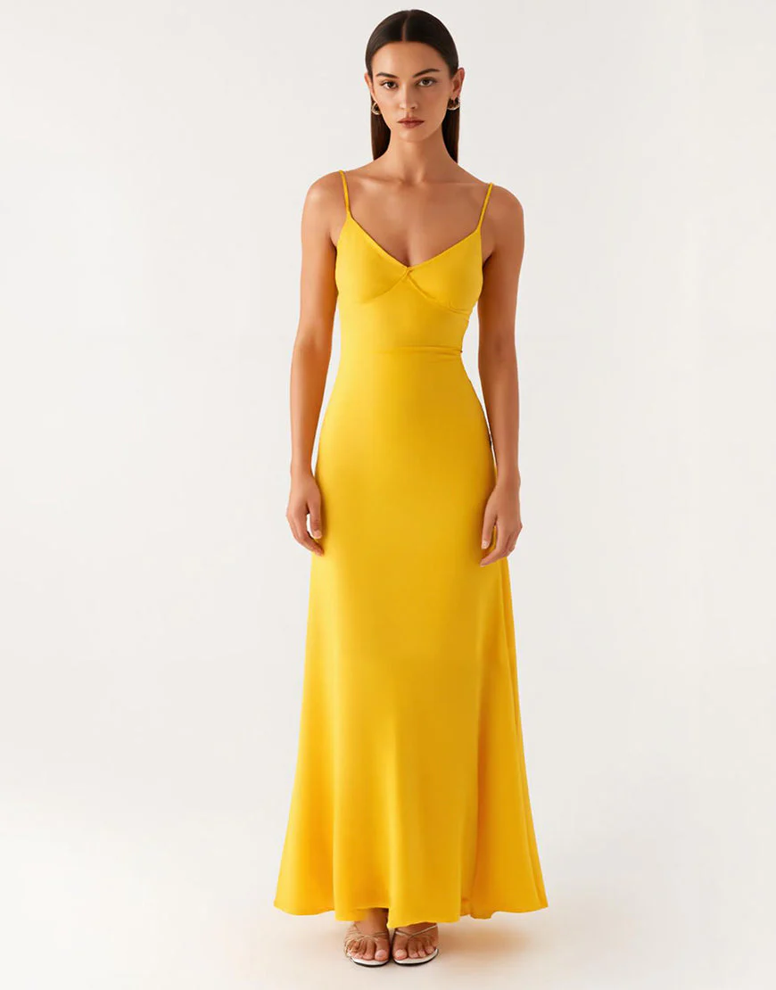 Robe de soirée fourreau en satin jaune longueur cheville – Image 2