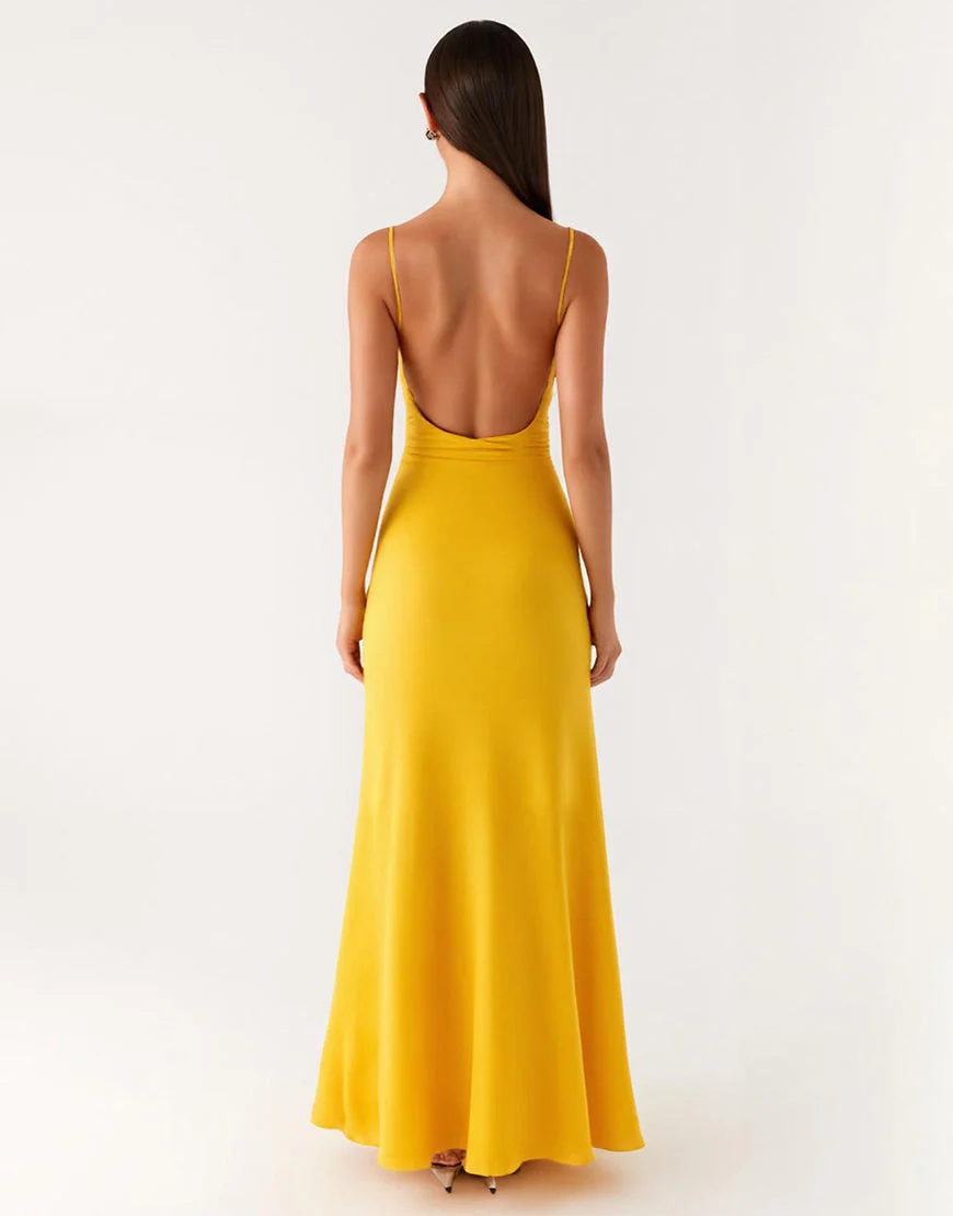 Robe de soirée fourreau en satin jaune longueur cheville – Image 3