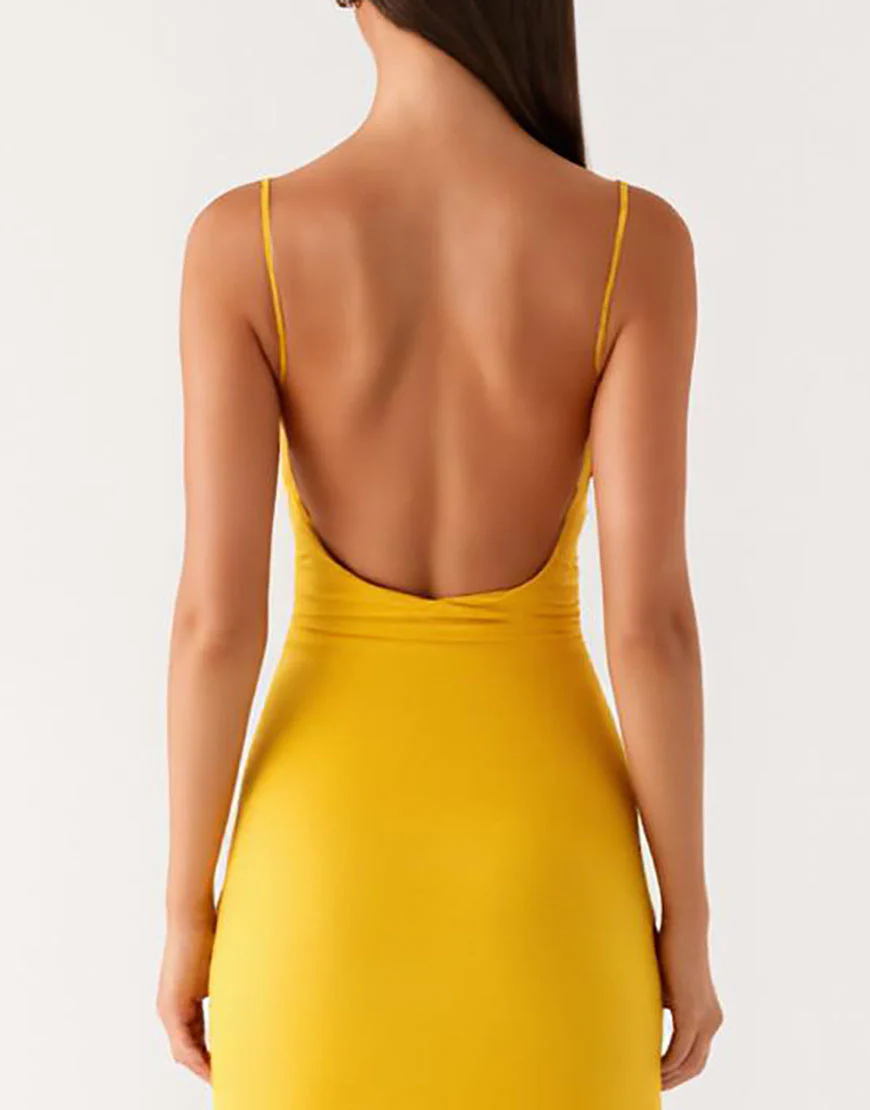 Robe de soirée fourreau en satin jaune longueur cheville – Image 5