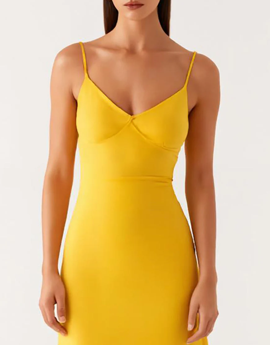 Robe de soirée fourreau en satin jaune longueur cheville – Image 4