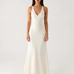 Robe de soirée à col en V ivoire fourreau jusqu’à la cheville