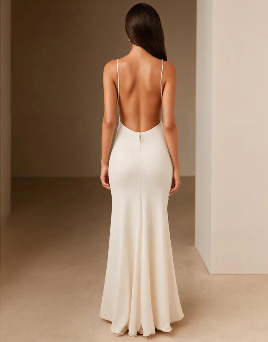 Robe de soirée sirène ivoire à bretelles spaghetti – Image 3