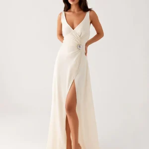 Robe de soirée longue fourreau ivoire avec fente