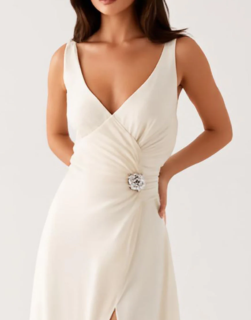 Robe de soirée longue fourreau ivoire avec fente – Image 4