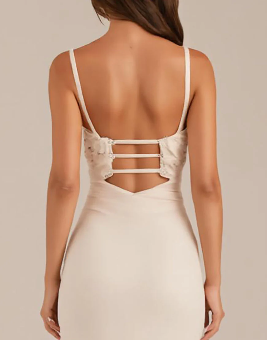 Robe de soirée froncée fourreau ivoire avec fente – Image 5