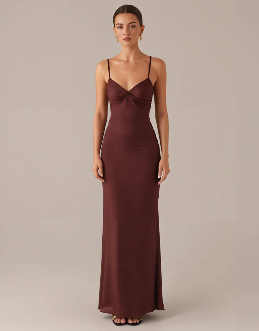 Robe de soirée fourreau à bretelles spaghetti marron – Image 2