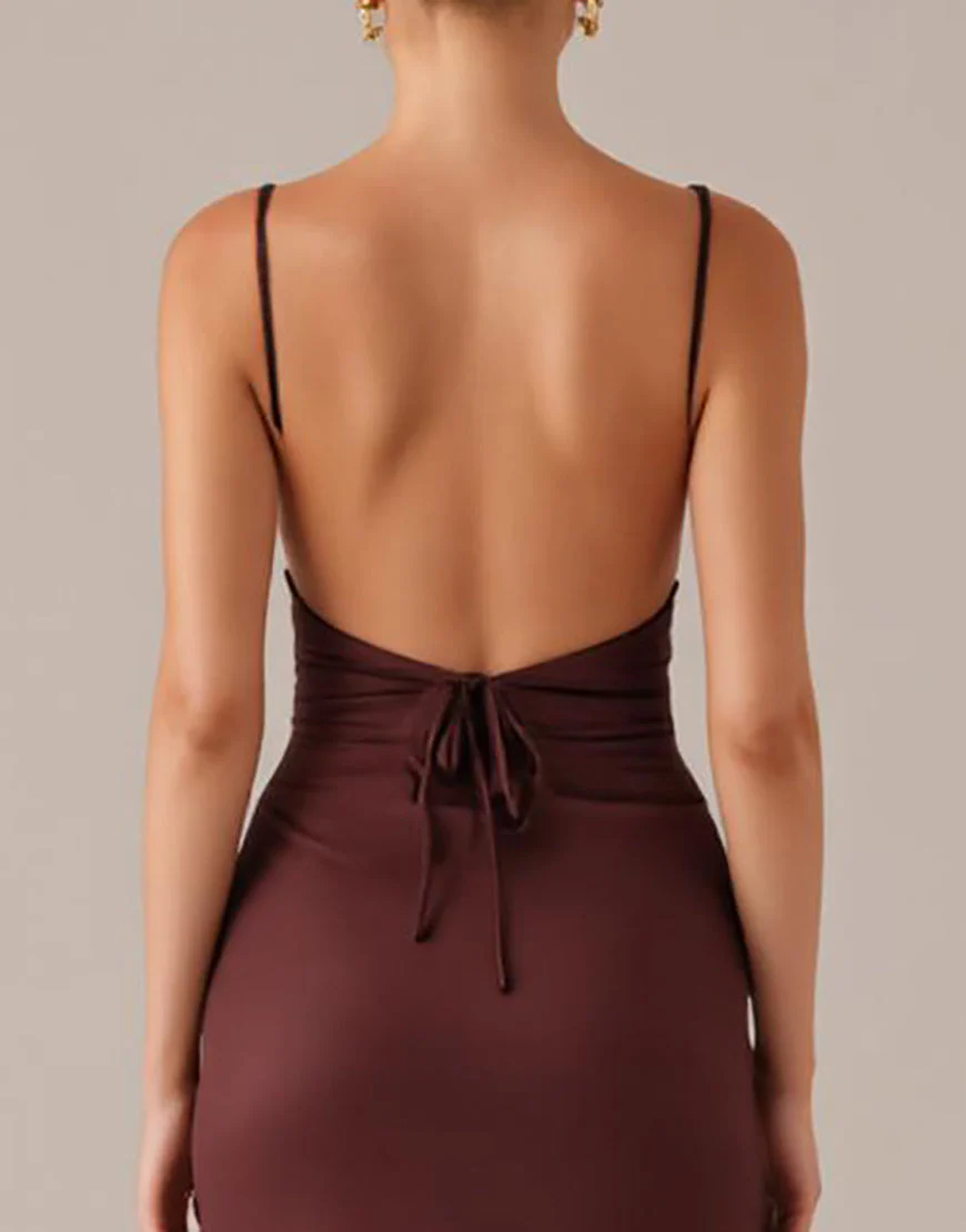 Robe de soirée fourreau à bretelles spaghetti marron – Image 5