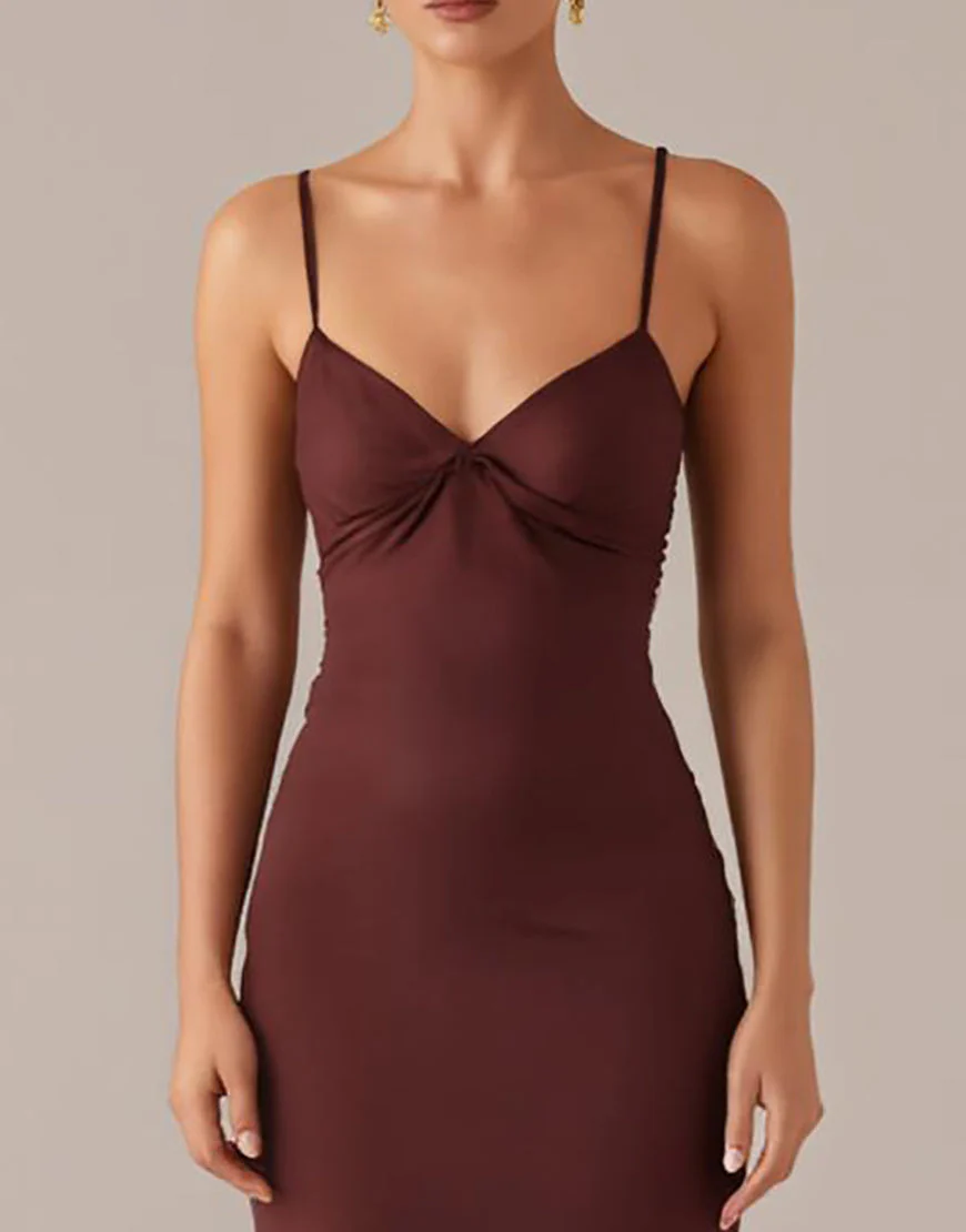 Robe de soirée fourreau à bretelles spaghetti marron – Image 4