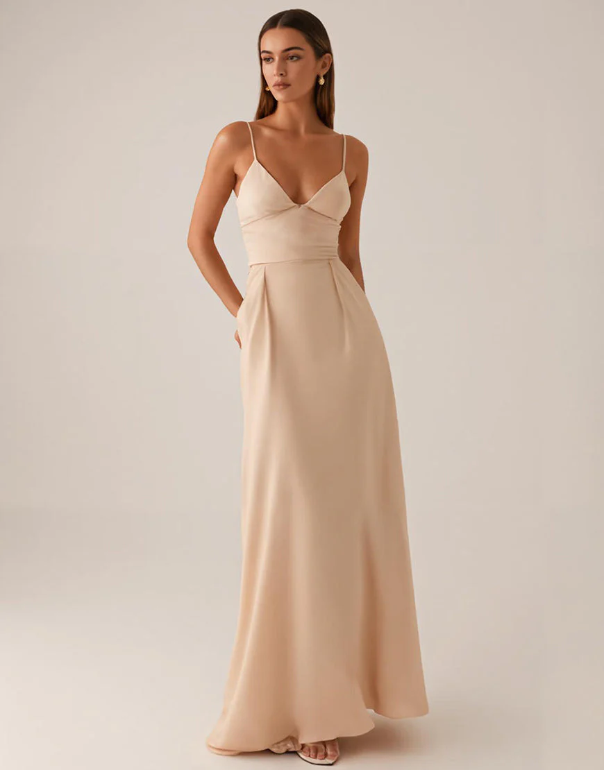 Robe de soirée en satin à bretelles spaghetti abricot – Image 2