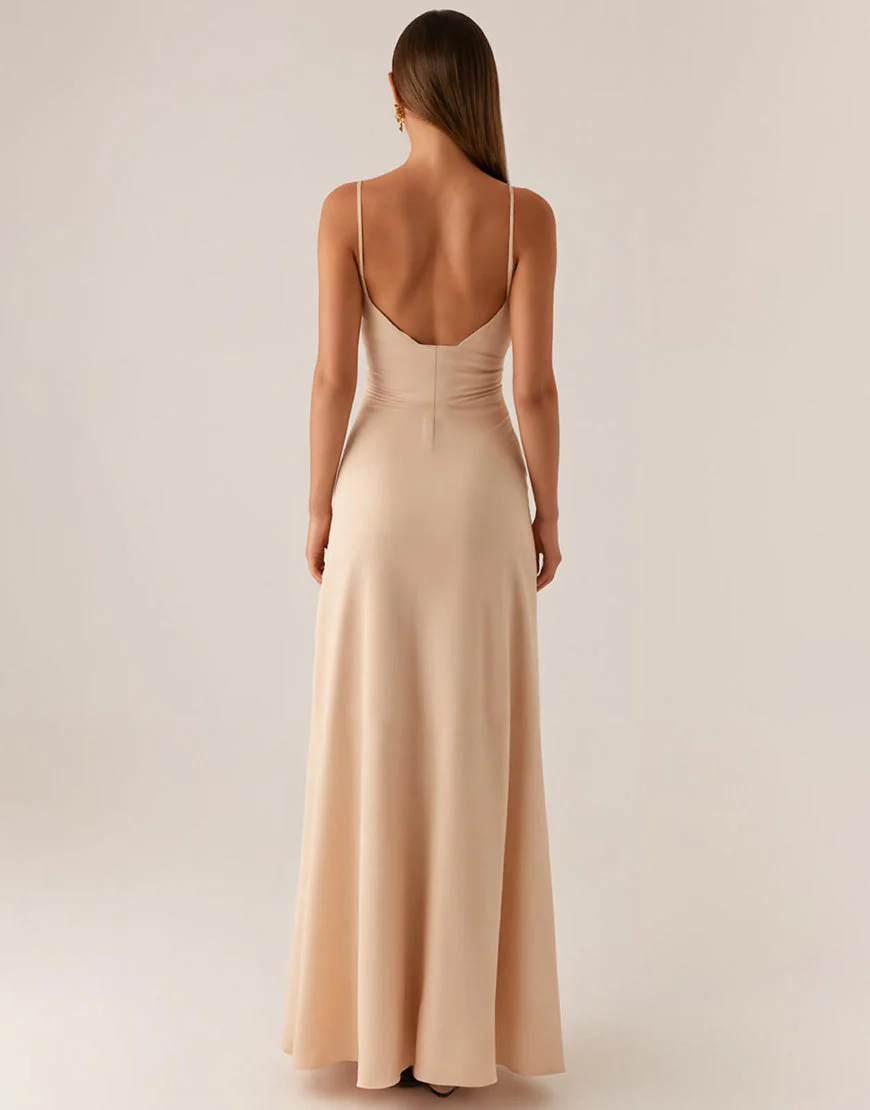 Robe de soirée en satin à bretelles spaghetti abricot – Image 3