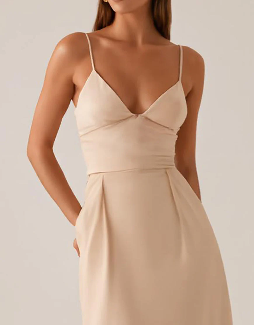 Robe de soirée en satin à bretelles spaghetti abricot – Image 4