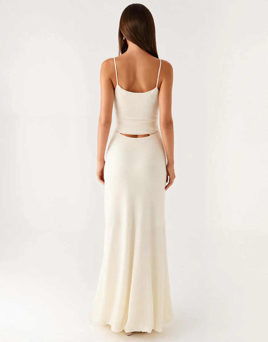 Robe de soirée fourreau à bretelles spaghetti ivoire – Image 3