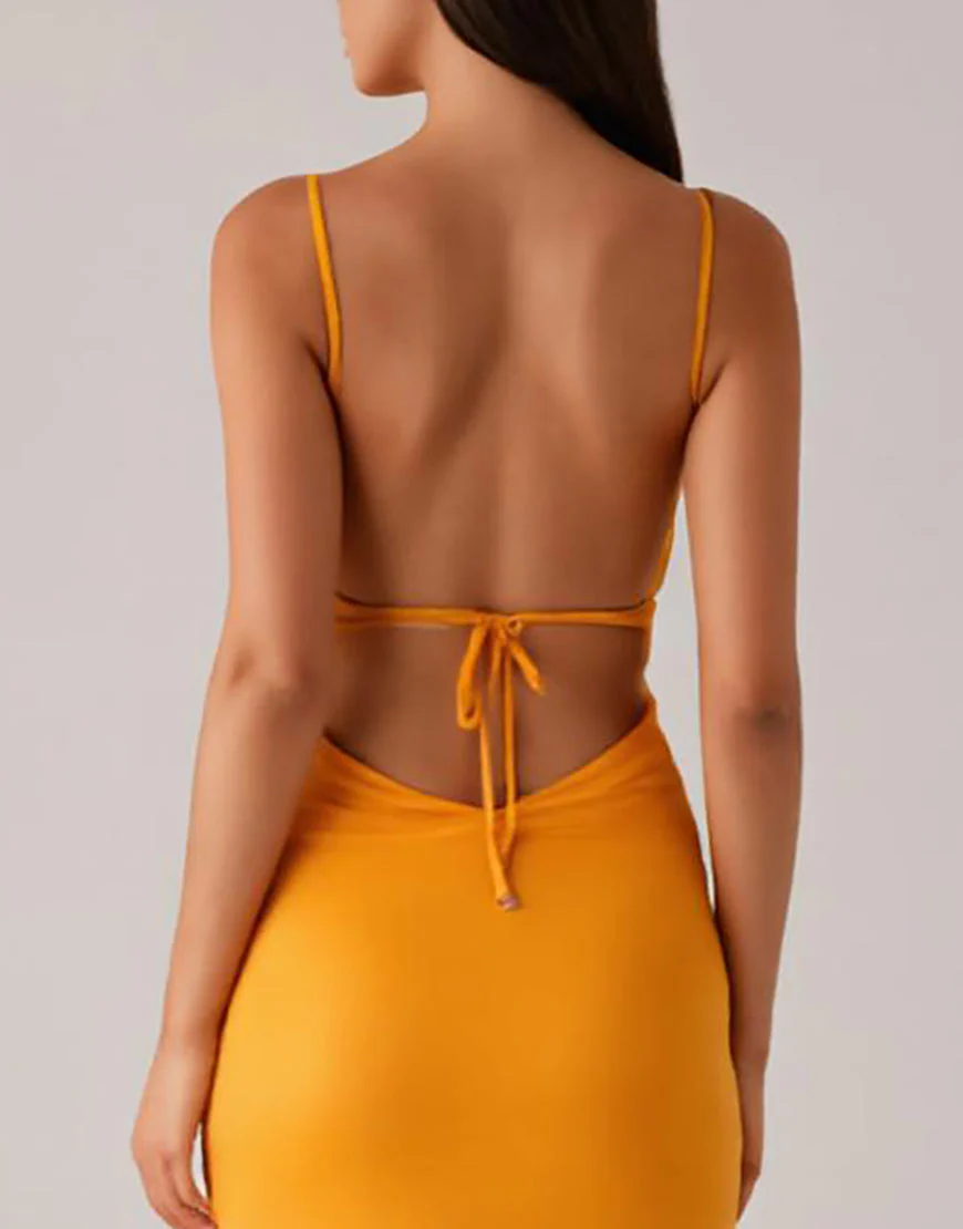 Robe de soirée fourreau à bretelles spaghetti jaunes – Image 5