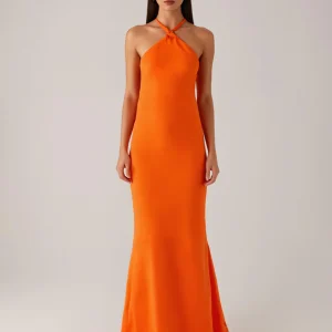 Robe de soirée dos nu fourreau orange dos nu