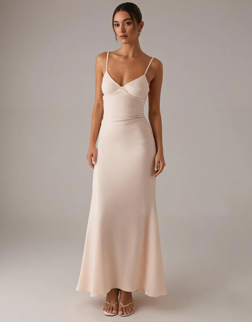 Robe formelle à bretelles spaghetti abricot – Image 2