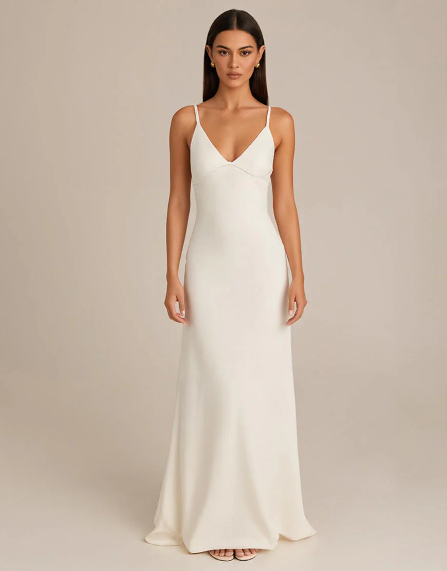 Robe de soirée fourreau à bretelles spaghetti ivoire