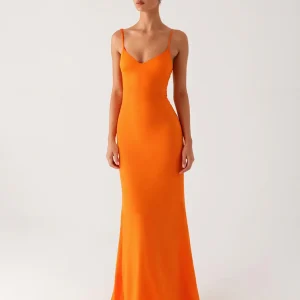 Robe de soirée dos nu fourreau à lacets orange