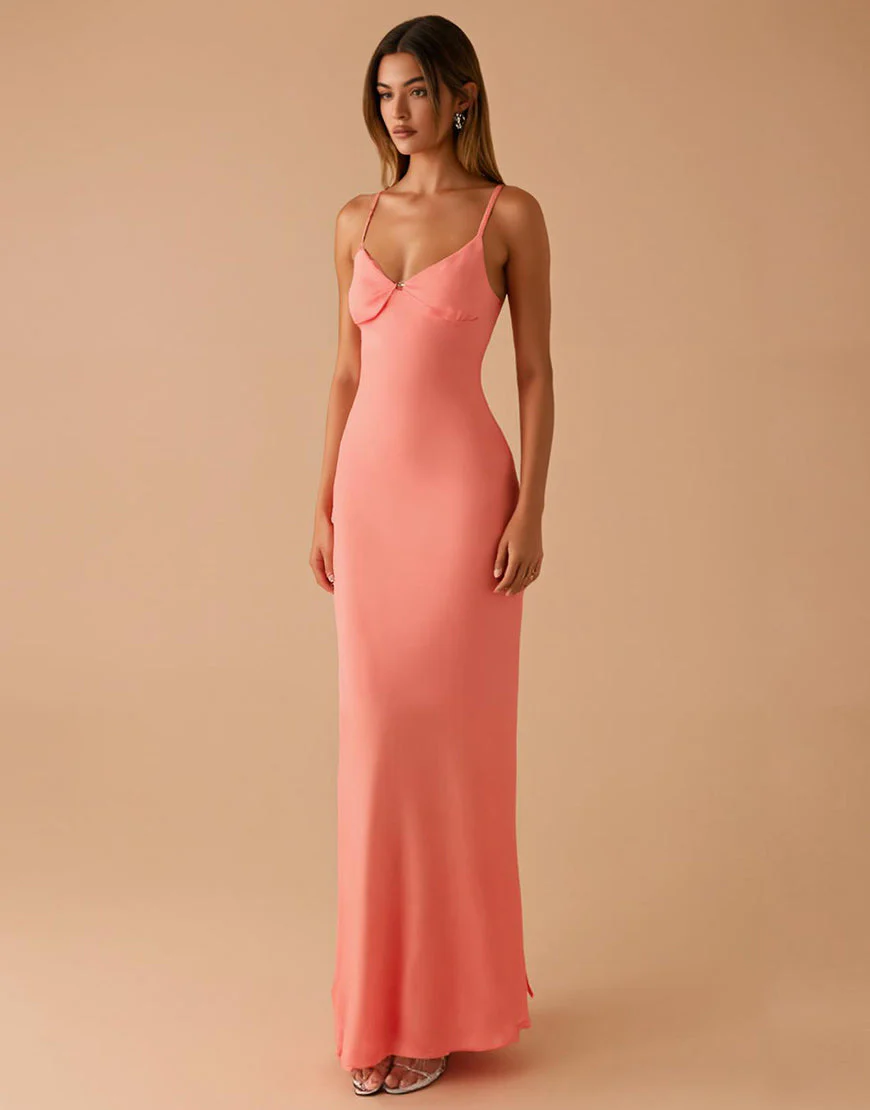Robe de soirée fourreau à bretelles spaghetti rose – Image 2