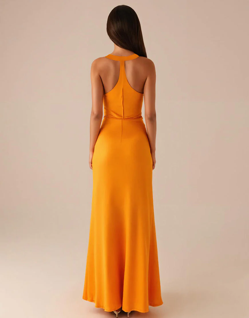 Robe longue de soirée jaune à col rond et sans manches – Image 3