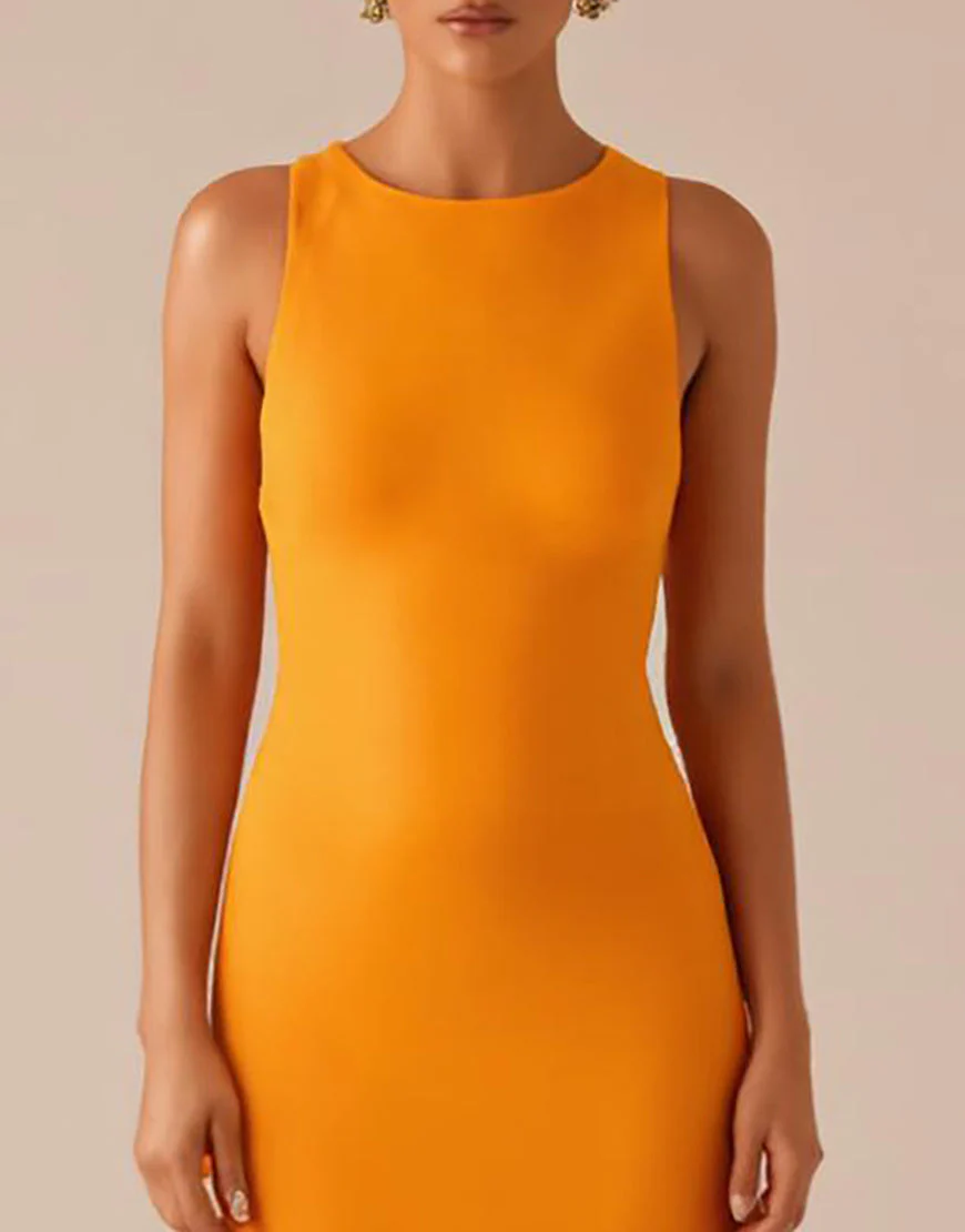 Robe longue de soirée jaune à col rond et sans manches – Image 4