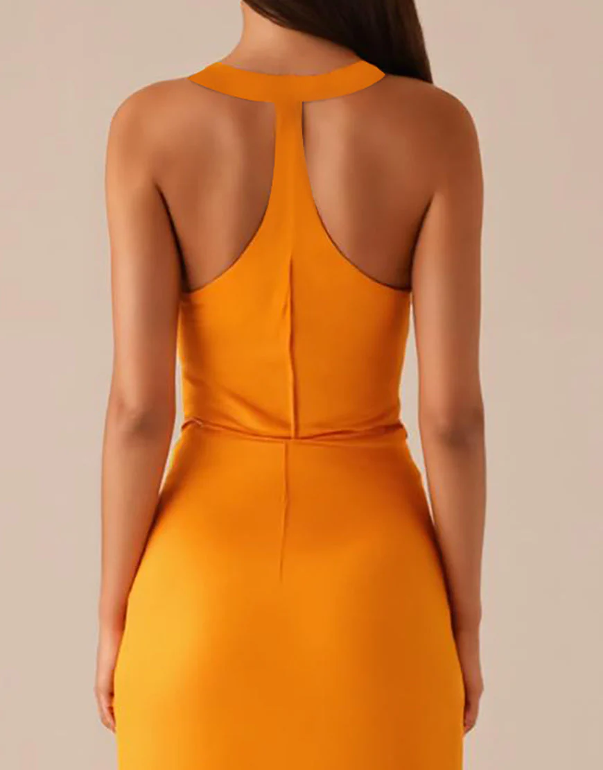 Robe longue de soirée jaune à col rond et sans manches – Image 5