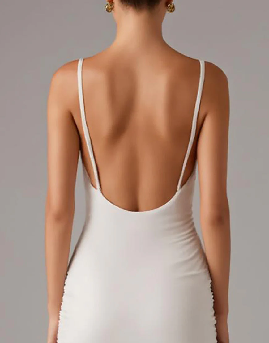 Robe de soirée fourreau à bretelles spaghetti ivoire – Image 5