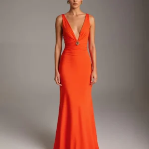 Robe de soirée fourreau à col en V profond orange