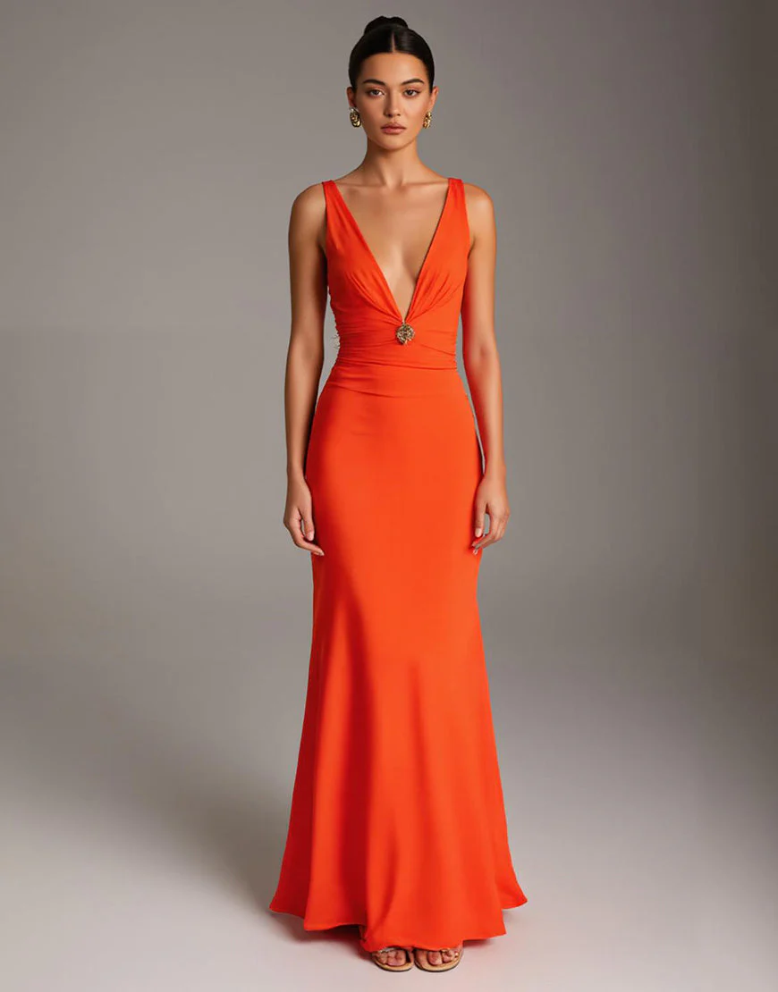 Robe de soirée fourreau à col en V profond orange