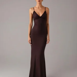 Robe formelle à bretelles spaghetti fourreau marron