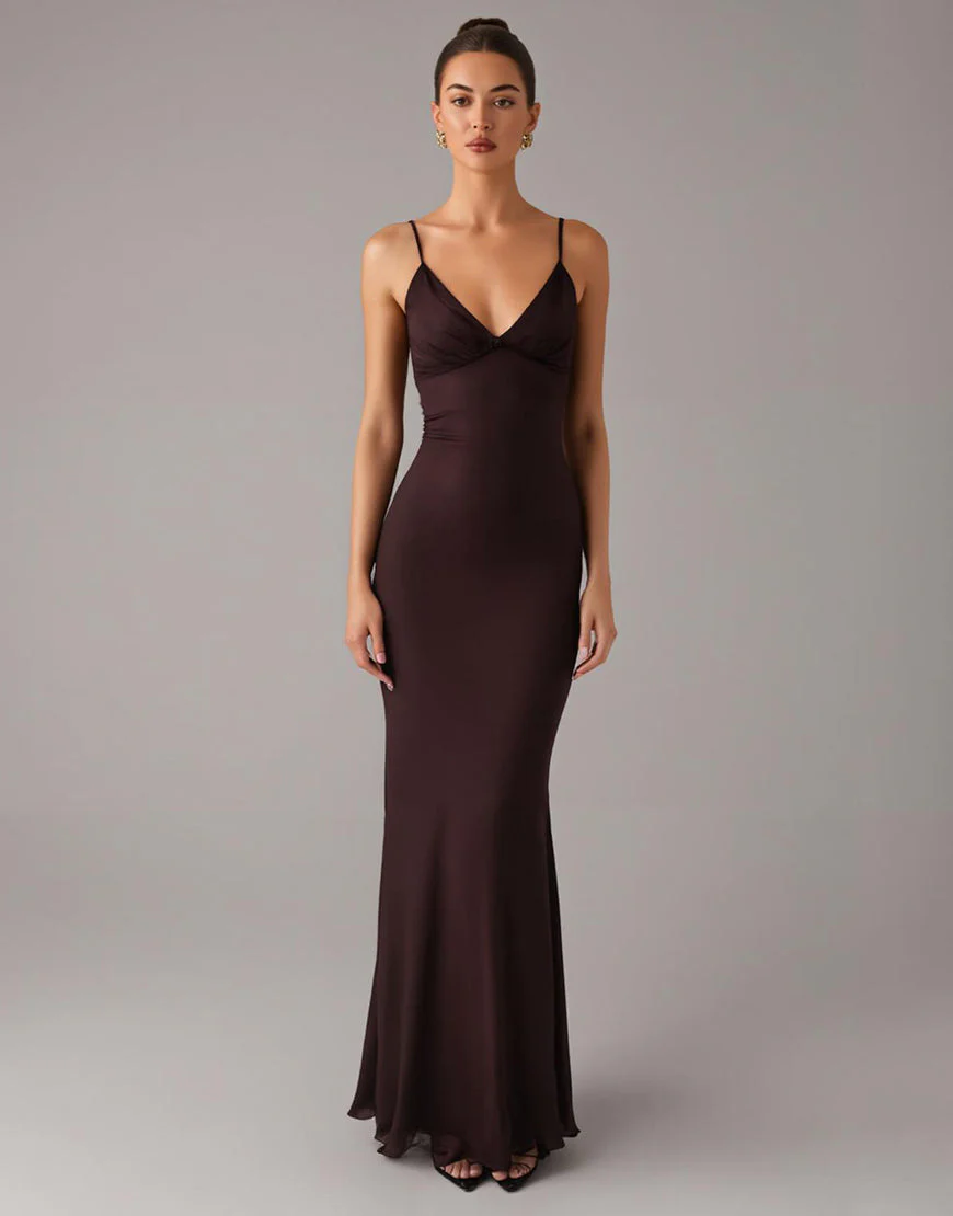 Robe formelle à bretelles spaghetti fourreau marron