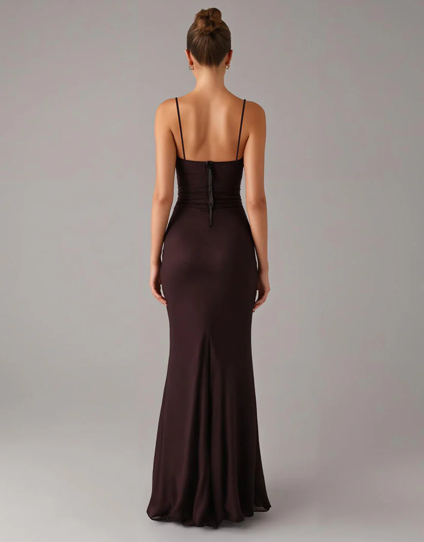 Robe formelle à bretelles spaghetti fourreau marron – Image 3