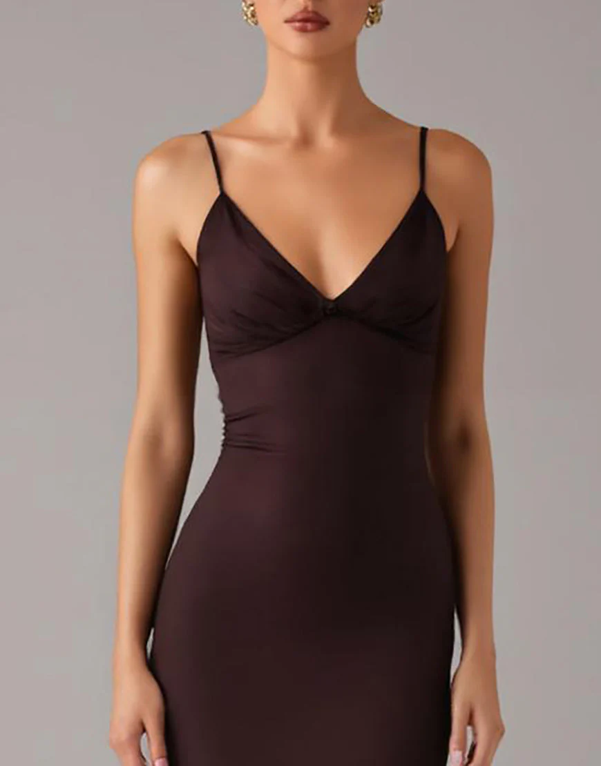 Robe formelle à bretelles spaghetti fourreau marron – Image 4